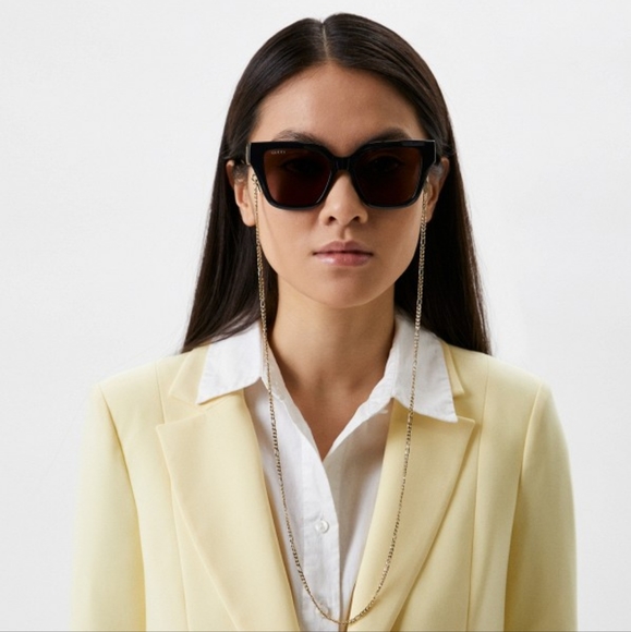 NEW GUCCI CAT-EYE BLACK SUNGLASSES GG1023S 005 GUCCI WITH GOLD CHAIN - Picture 9 of 12